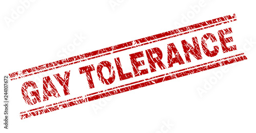 GAY TOLERANCE seal print with grunge texture. Red vector rubber print of GAY TOLERANCE tag with dirty texture. Text tag is placed between double parallel lines.