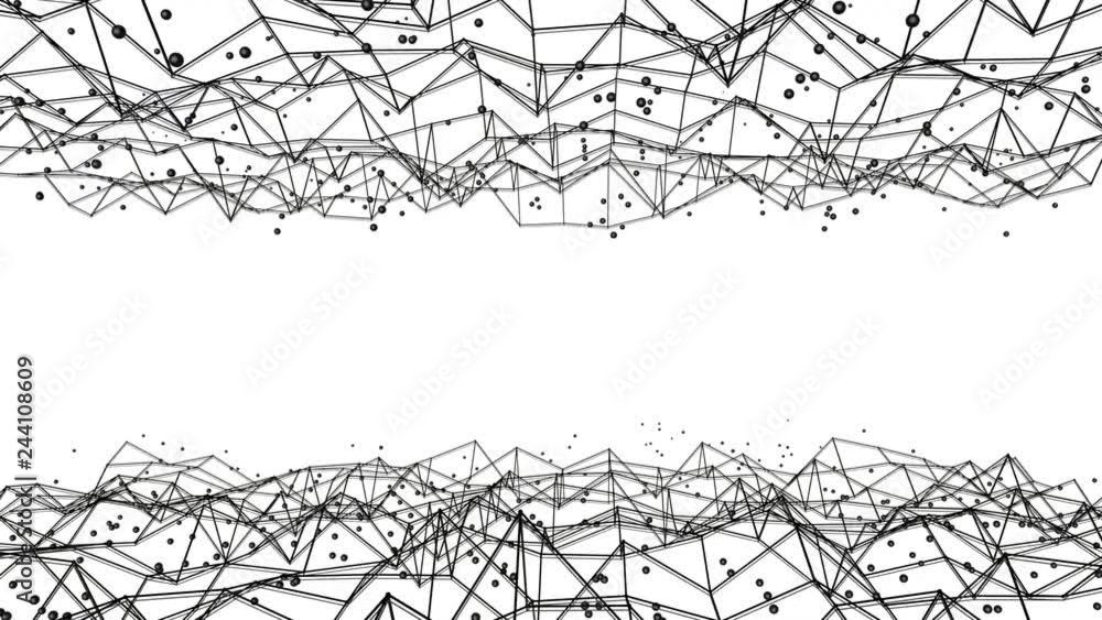 black three-dimensional grid with spheres slowly deformed on a white background. abstract animation. 3d rendering black three-dimensional grid with spheres slowly deformed on a white background. abstract animation. 3d rendering