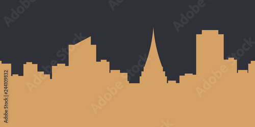 Megalopolis background.Seamless border with cute urban cityscape in sand color : silhouettes of modern houses, buildings and Church or Cathedral on the navy background. Vector illustration