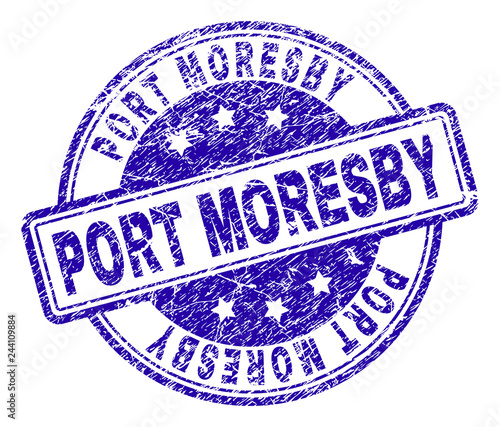 PORT MORESBY stamp seal imprint with grunge texture. Designed with rounded rectangles and circles. Blue vector rubber print of PORT MORESBY title with unclean texture.