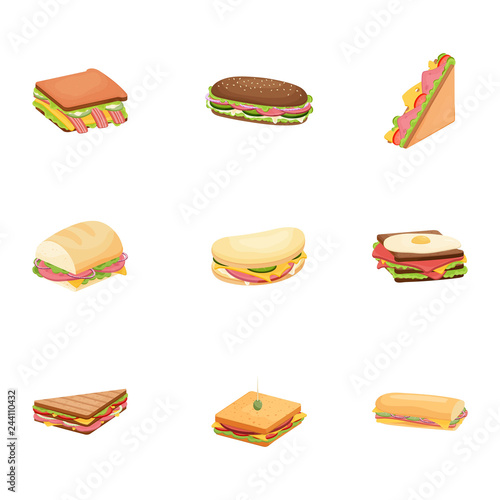 Set of delicious juicy sandwiches with vegetables, cheese, meat, bouqon with a crispy crust.
