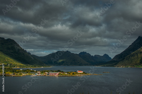 View to Sildpollnes church and mountains, Lofoten Islands photo