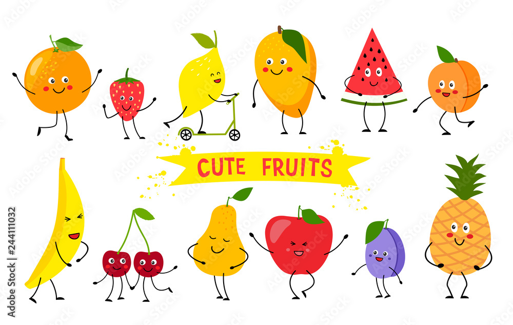 Fototapeta premium Set of cute kawaii fruit. Cartoon fruits character