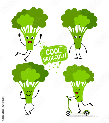 Set of cute broccoli character in cartoon style