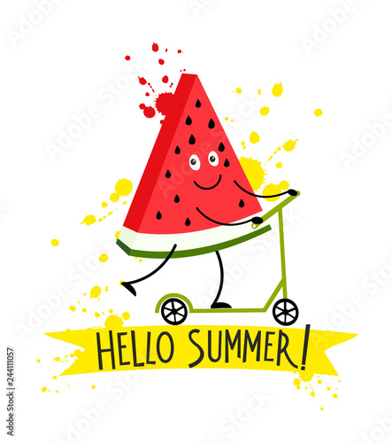 Cute watermelon on a kick scooter in cartoon style. T-shirt design for kids