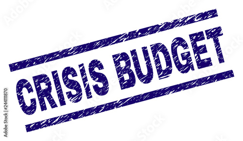 CRISIS BUDGET seal print with grunge style. Blue vector rubber print of CRISIS BUDGET title with unclean texture. Text title is placed between parallel lines.