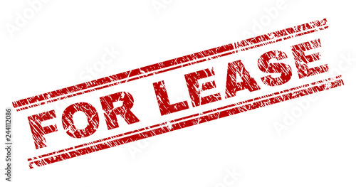 FOR LEASE seal watermark with corroded texture. Red vector rubber print of FOR LEASE title with scratched texture. Text title is placed between double parallel lines.