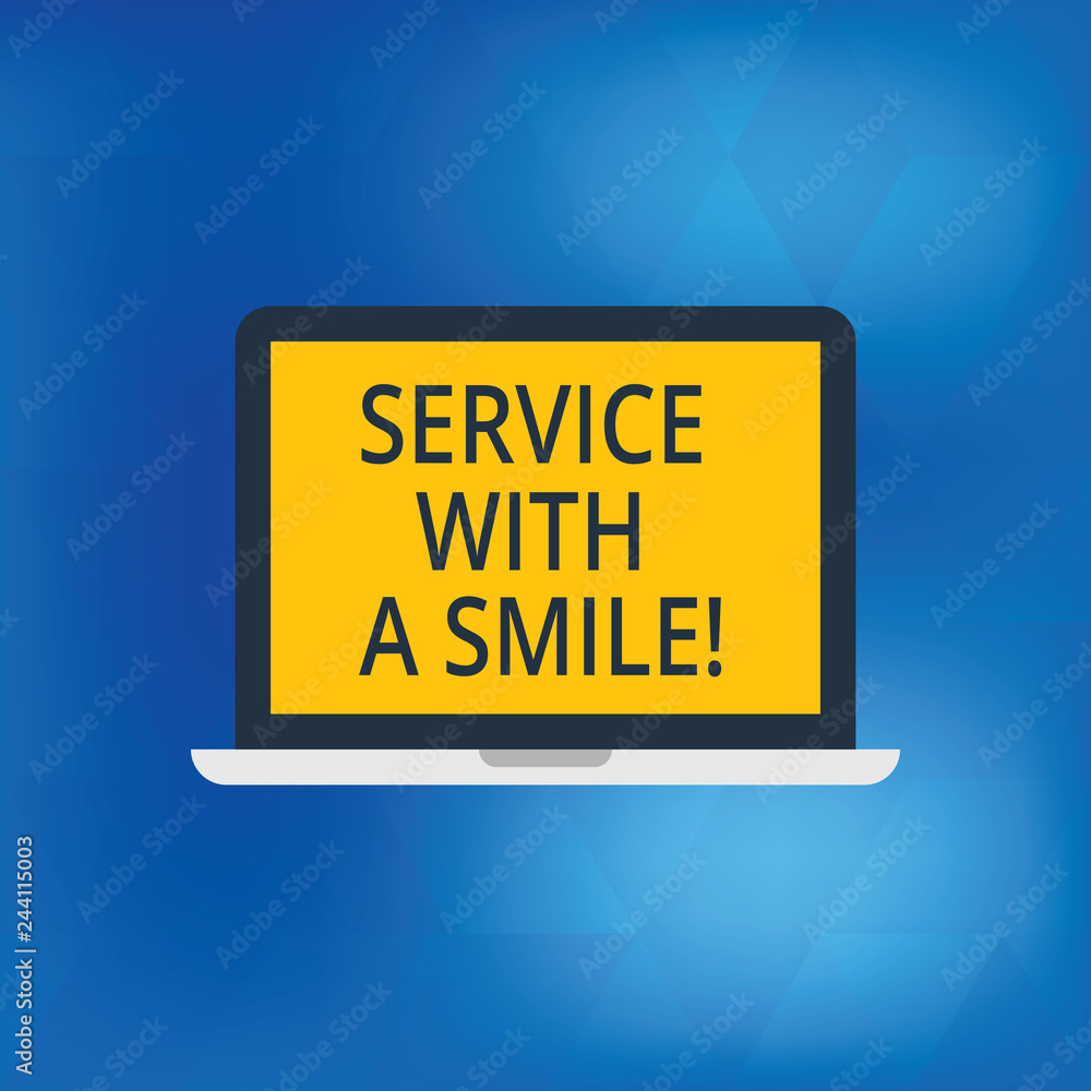 Writing note showing Service With A Smile. Business photo showcasing Happiness in custom assistance Motivated support Laptop Monitor Personal Computer Tablet Screen Text Space Writing note showing Service With A Smile. Business photo showcasing Happiness in custom assistance Motivated support Laptop Monitor Personal Computer Tablet Screen Text Space