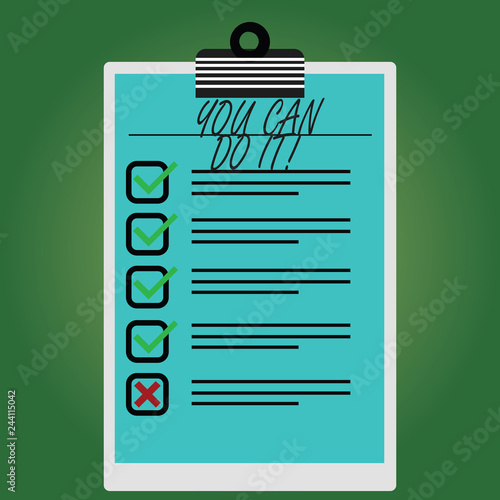 Conceptual hand writing showing You Can Do It. Business photo text confident and willing to deal with problems or new tasks Vertical Clipboard with Check Box photo Blank Copy Space