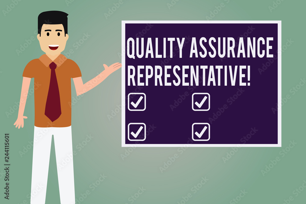 Word writing text Quality Assurance Representative. Business concept for Develops and implements quality control Man with Tie Standing Talking Presenting Blank Color Square Board photo Word writing text Quality Assurance Representative. Business concept for Develops and implements quality control Man with Tie Standing Talking Presenting Blank Color Square Board photo