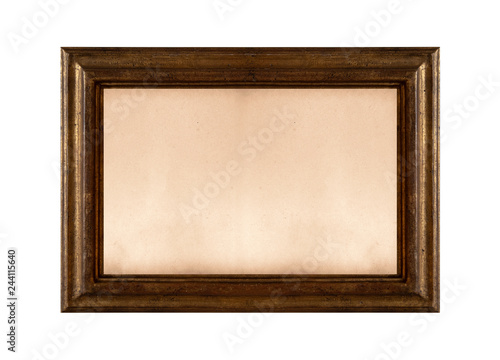 Vintage old picture frame with old blank canvas on a white background.