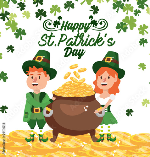 happy st patrick man and woman with gold coins inside cauldron