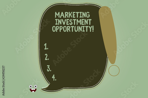 Writing note showing Marketing Investment Opportunity. Business photo showcasing undertaking a new product or service Blank Color Speech Bubble Outlined with Exclamation Point