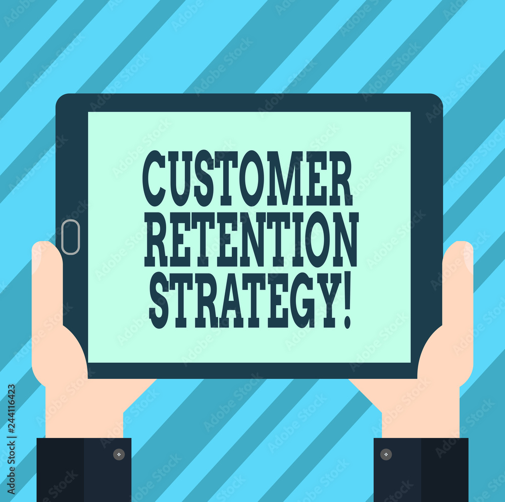 Text sign showing Customer Retention Strategy. Conceptual photo Actions to retain as analysisy customers as possible Hu analysis Hand Holding Blank Screen Tablet Smartphone Display Unit photo Text sign showing Customer Retention Strategy. Conceptual photo Actions to retain as analysisy customers as possible Hu analysis Hand Holding Blank Screen Tablet Smartphone Display Unit photo