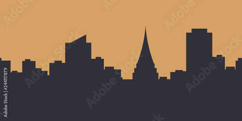 Metropolis background.Seamless border with cute urban landscape in dark blue color at dawn:silhouettes of modern houses, buildings and a Church or Cathedral on sand background.Vector illustration