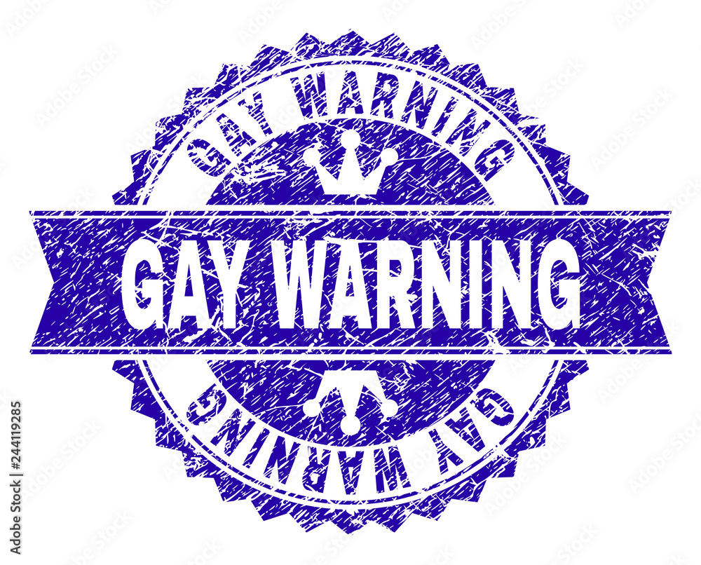 GAY WARNING rosette stamp watermark with grunge style. Designed with round rosette, ribbon and small crowns. Blue vector rubber watermark of GAY WARNING text with grunge style. GAY WARNING rosette stamp watermark with grunge style. Designed with round rosette, ribbon and small crowns. Blue vector rubber watermark of GAY WARNING text with grunge style.