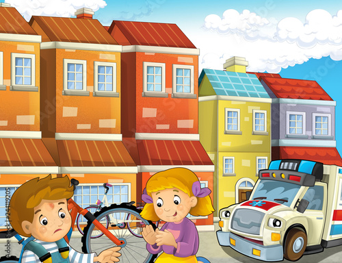 cartoon scene with kids after bicycle accident and ambulance coming to help - illustration for children