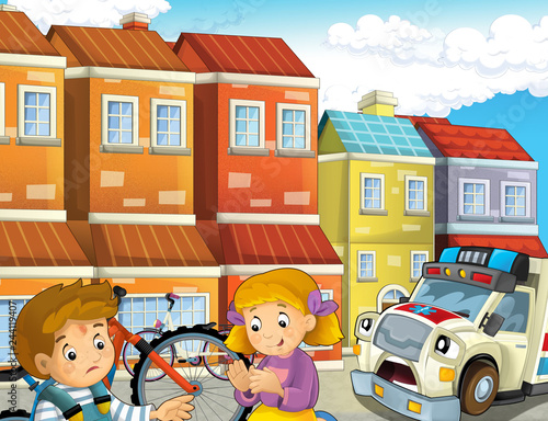 cartoon scene with kids after bicycle accident and ambulance coming to help - illustration for children