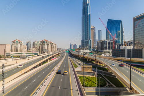 DUBAI, UAE, MARCH 10, 2017: Intersection of Al Safa street and Sheikh Zayed road in Dubai, United Arab Emirates.