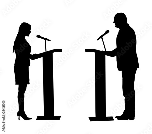 Public speaker standing on podium vector silhouette. Politician woman opening meeting ceremony event. Businessman speaking with public. Talking on microphone. Election campaign duel with opponent.