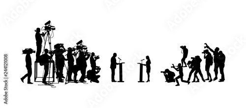 Election campaign duel public speaker, politician woman against opponent vector silhouette. Meeting ceremony event. Businessman speaking, talking on vote press conference. Cameraman photographer crew