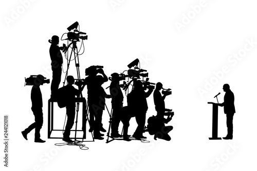 Public speaker standing on podium vector silhouette. Politician man meeting ceremony event. Businessman speaking with public. Talking on vote press conference. Election campaign duel. Cameraman crew
