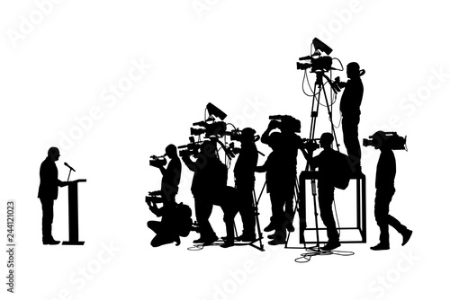 Public speaker standing on podium vector silhouette. Politician man meeting ceremony event. Businessman speaking with public. Talking on vote press conference. Election campaign duel. Cameraman crew