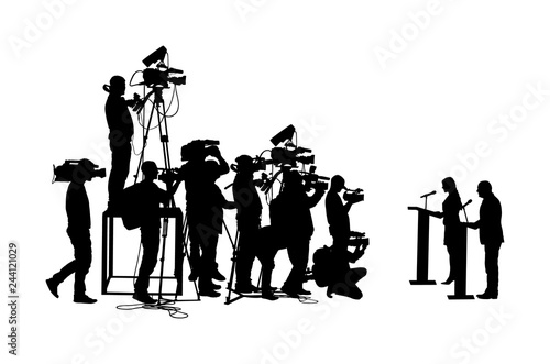 Public speaker standing on podium vector silhouette. Politician woman on meeting ceremony event. Businessman speaking with public. Talking on press conference. Election campaign duel. Cameraman crew