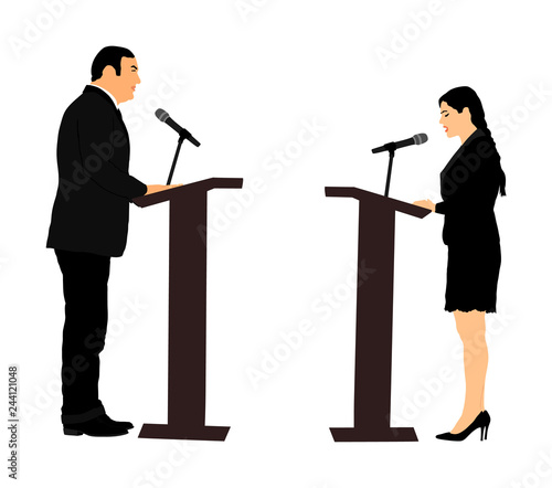 Public speaker standing on podium vector illustration. Politician woman opening meeting ceremony event. Businessman speaking with public. Talking on microphone. Election campaign duel with opponent.