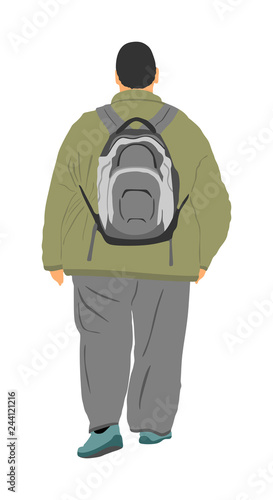 Fat man walking, health care outdoor activity vector illustration. Overweight person trouble. Big boy go to fast food. Fat boy in jacket with backpack. Giant man.