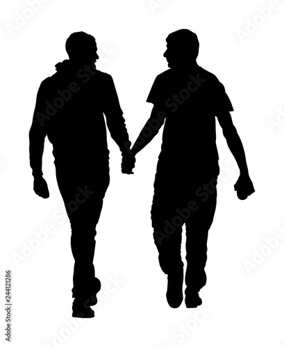 Two homosexual boys walking and hand holding vector silhouette illustration. Handsome gay couple tenderness in public. Hand to hand closeness, man love male. Gay pride rights against discrimination.