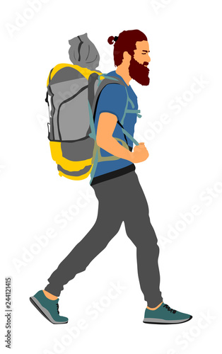 Passenger man with backpack walking to airport vector illustration. Traveler boy with luggage go home, carry baggage. Tourist with heavy bag cargo load waiting taxi to holiday. Refugee migration.
