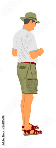 Senior man in safari costume on a white background vector illustration. Mature tourist man. Traveler on vacation. Summer time passenger enjoy. travel Guide tourist operator waiting for new quests.