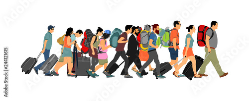 Passengers with luggage walking airport vector illustration. Travelers with many bags go home. Man and woman carry baggage. People with heavy cargo load waiting taxi after holiday. Refugees on border