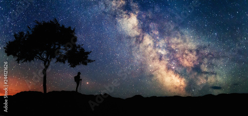 Bild auf Leinwand Woman under tree looking at the stars and Milky Way