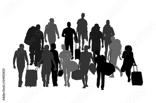 Passengers with luggage walking at airport vector silhouette. Travelers with many bags go home. Man and woman carry baggage. People with heavy cargo load waiting taxi after holiday. Refugees on border