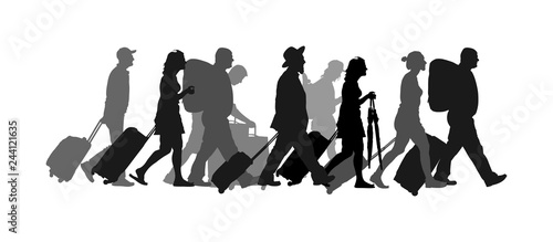 Passengers with luggage walking at airport vector silhouette. Travelers with many bags go home. Man and woman carry baggage. People with heavy cargo load waiting taxi after holiday. Refugees on border