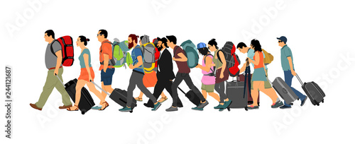 Passengers with luggage walking airport vector illustration. Travelers with many bags go home. Man and woman carry baggage. People with heavy cargo load waiting taxi after holiday. Refugees on border