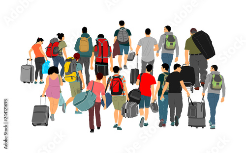 Passengers with luggage walking airport vector illustration. Travelers with many bags go home. Man and woman carry baggage. People with heavy cargo load waiting taxi after holiday. Refugees on border