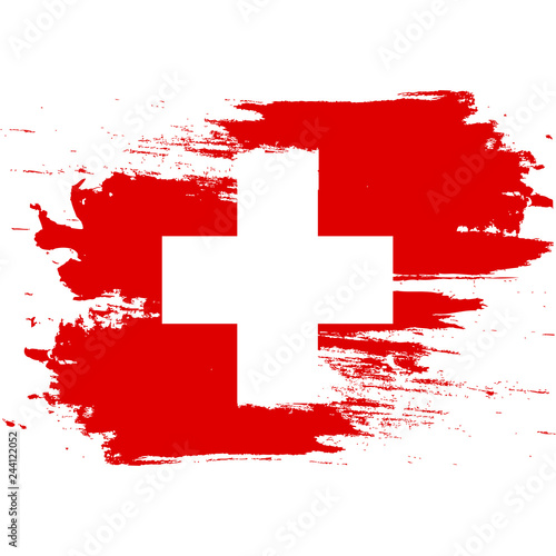 Flag of Switzerland. Brush painted Flag of Switzerland. Hand drawn style illustration with a grunge effect and watercolor. Flag of Switzerland with grunge texture. Vector illustration.