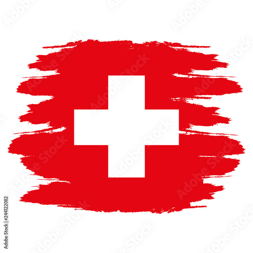 Flag of Switzerland. Brush painted Flag of Switzerland. Hand drawn style illustration with a grunge effect and watercolor. Flag of Switzerland with grunge texture. Vector illustration.