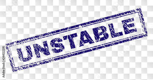UNSTABLE stamp seal print with rubber print style and double framed rectangle shape. Stamp is placed on a transparent background. Blue vector rubber print of UNSTABLE text with scratched texture.