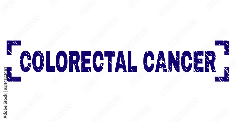 COLORECTAL CANCER text seal imprint with grunge texture. Text tag is placed between corners. Blue vector rubber print of COLORECTAL CANCER with corroded texture.