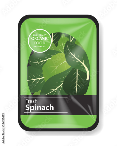 Spinach salad leaves with plastic tray container with cellophane cover. Mockup template for your salad design. Plastic food container. Vector illustration.