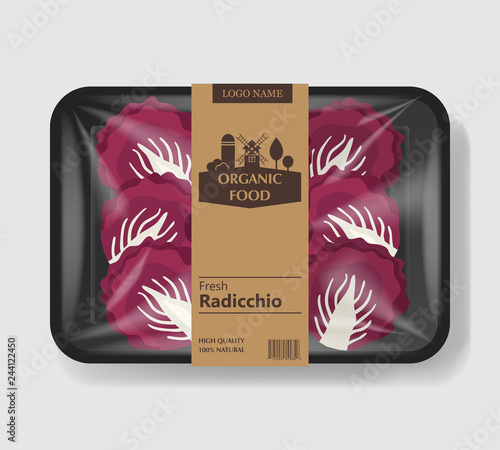 Radicchio salad leaves with plastic tray container with cellophane cover. Retro design. Mockup template for your salad design. Plastic food container. Vector illustration.