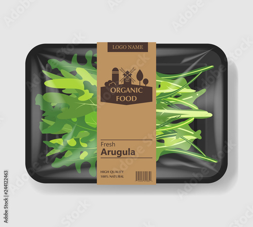 Arugula salad leaves with plastic tray container with cellophane cover. Retro design. Mockup template for your salad design. Plastic food container. Vector illustration.