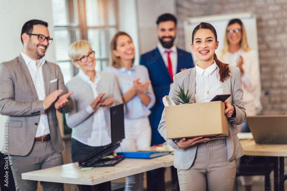 New member of team, newcomer, applauding to female employee, congratulating office worker with promotion New member of team, newcomer, applauding to female employee, congratulating office worker with promotion
