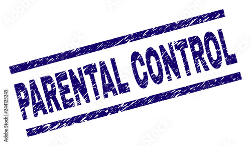 PARENTAL CONTROL seal print with grunge style. Blue vector rubber print of PARENTAL CONTROL title with grunge texture. Text label is placed between parallel lines.
