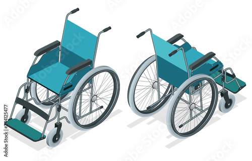 Isometric Wheelchair isolated. Chair with wheels, used when walking is difficult or impossible due to illness, injury, or disability. Medical support equipment.