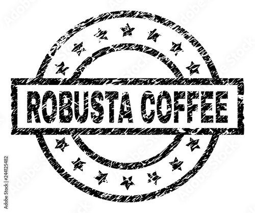 ROBUSTA COFFEE stamp seal watermark with distress style. Designed with rectangle, circles and stars. Black vector rubber print of ROBUSTA COFFEE text with corroded texture.